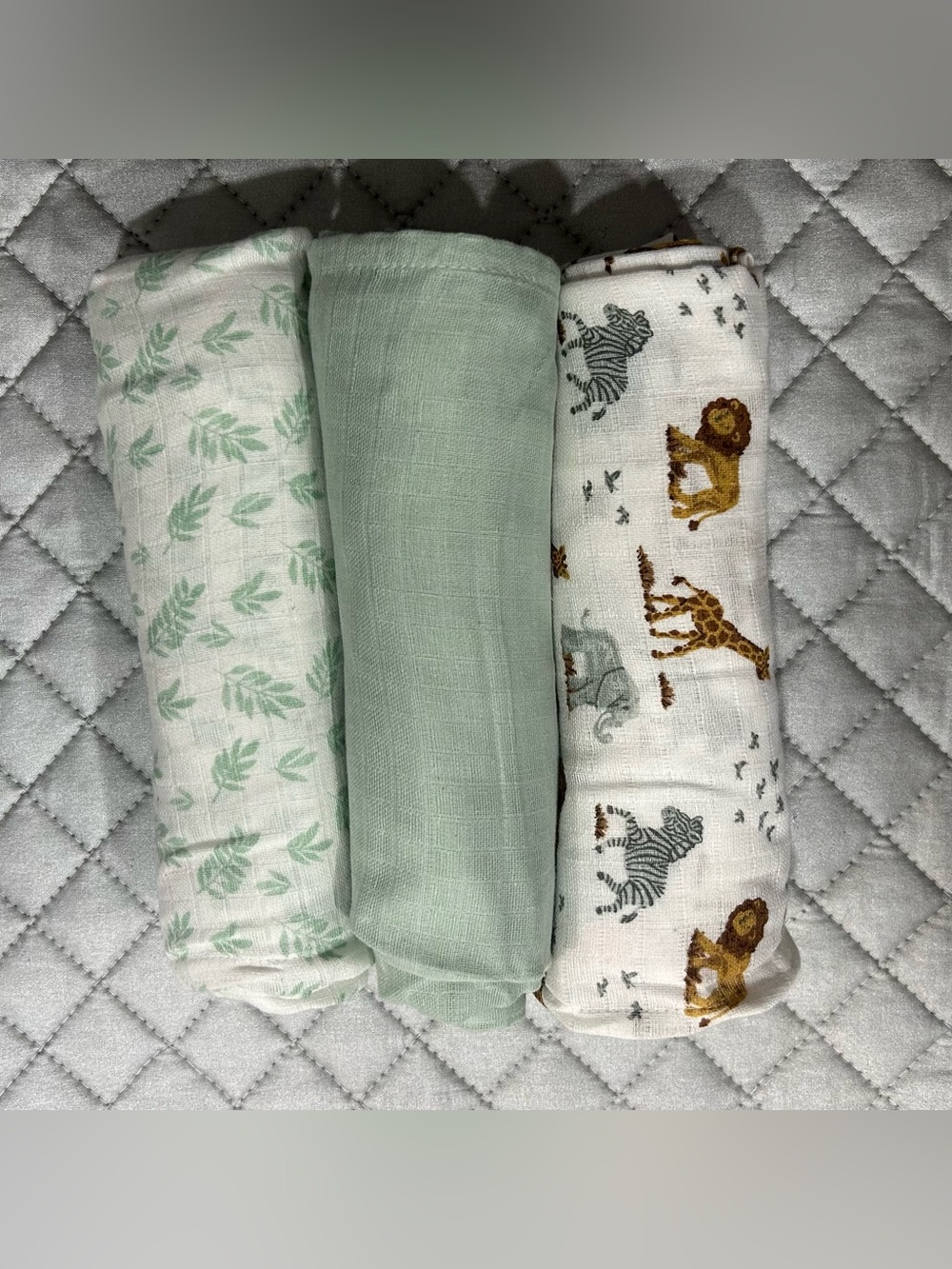 Little Journey 3 Pack Swaddle Set Green & Animal Print Blankets Newborn